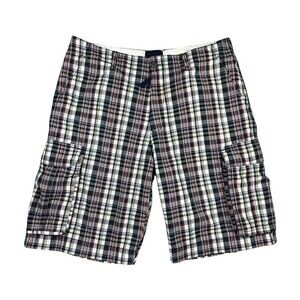 Tommy Hilfiger Men's Plaid Cargo Shorts  Size 36  Navy & Red Plaid  Preppy